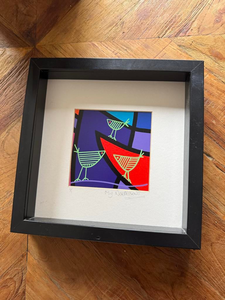 Kleurrijke kunstprint 'Vogels' gesigneerd door Naerebout, Antiek en Kunst, Ophalen of Verzenden