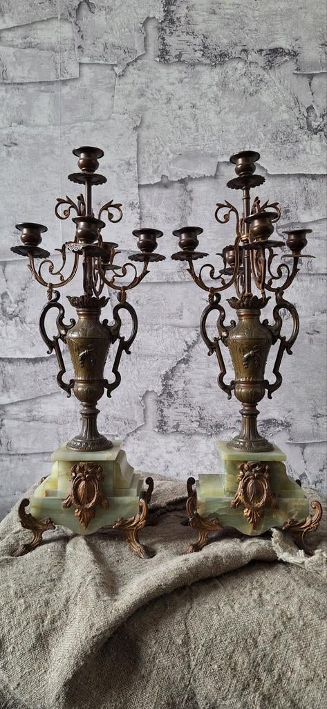 Antieke Kaarsenstandaards met Marmeren Voet (Paar), Ophalen of Verzenden, Koper of Brons