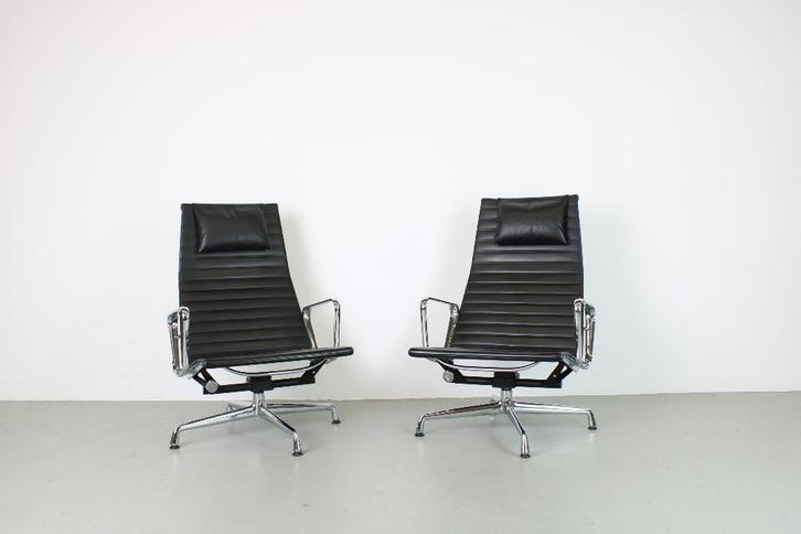 Vitra EA 124 fauteuil, zwart leer, chroom, Huis en Inrichting, Fauteuils, Gebruikt, Leer, 50 tot 75 cm, Minder dan 75 cm, Ophalen