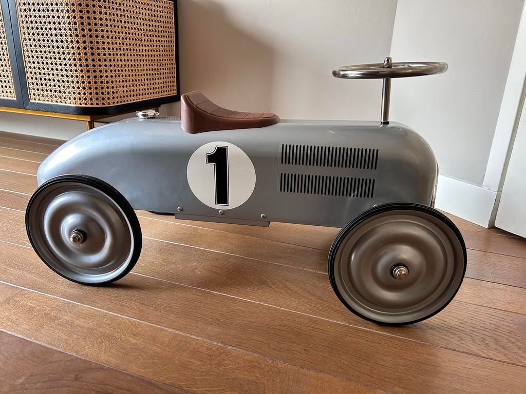 Retro Loopauto (Oldtimer) - Zilverkleurig met Nummer 1, Ophalen, Loopvoertuig