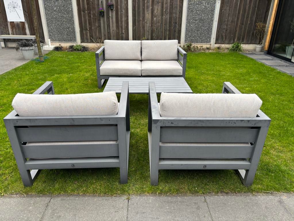 Aluminium antraciet grijze loungeset bank 2 stoelen en tafel, Ophalen, 4 zitplaatsen, Gebruikt, Aluminium