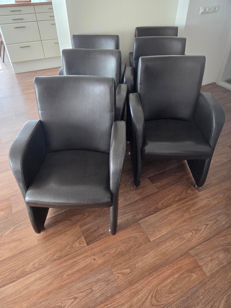 6 Bruine Lederen Eetkamer Fauteuils met Wieltjes, Ophalen, Gebruikt, Bruin, Leer