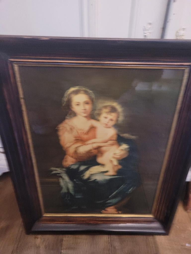 Antieke houten lijst met prent Madonna, Ophalen of Verzenden