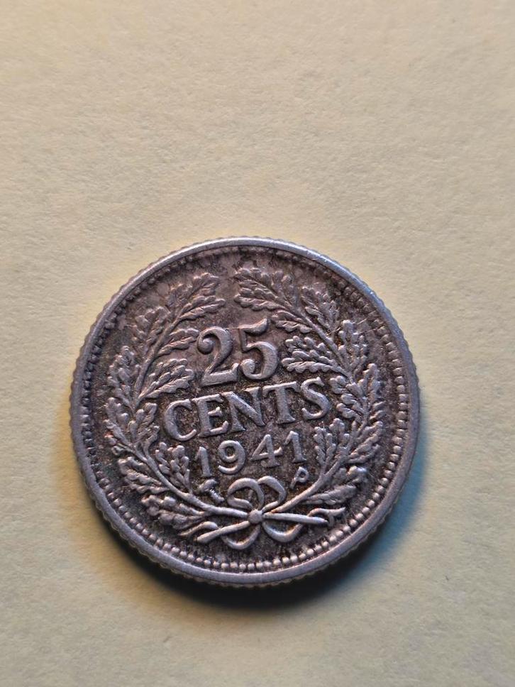 Zilveren 25 Cents Munt 1941 Koningin Wilhelmina, Postzegels en Munten, Munten | Nederland, Losse munt, 25 cent, Koningin Wilhelmina