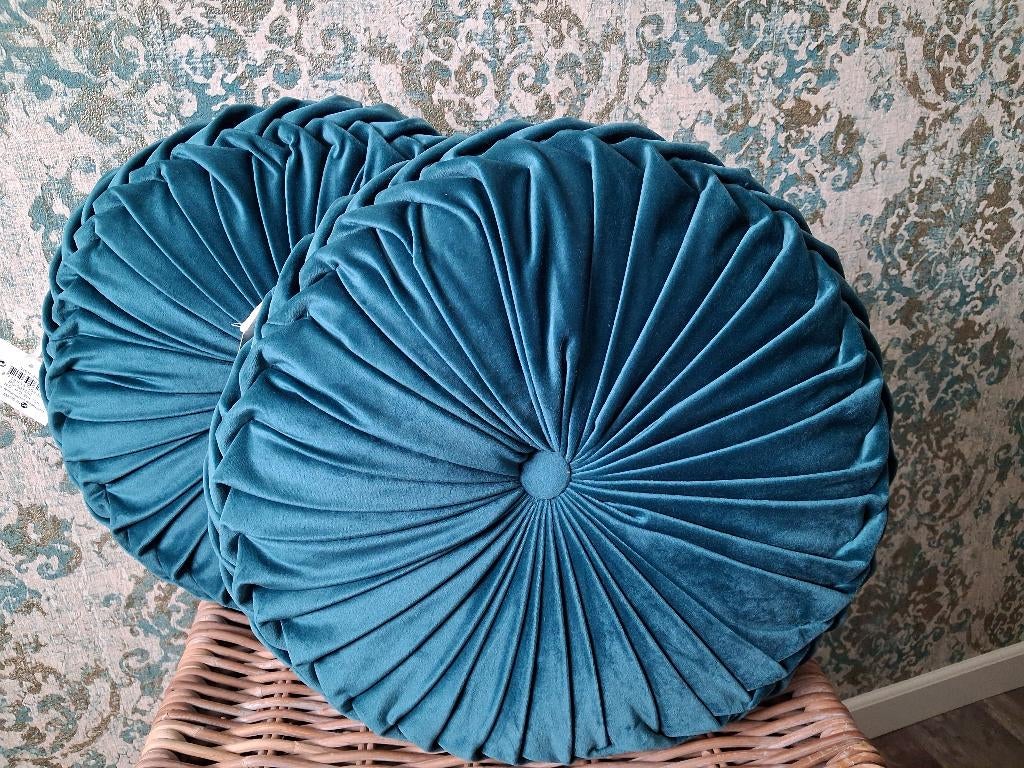 Petrol fluwelen kussentjes/ pompoen /velvet kussens Art Deco, Ophalen of Verzenden, Nieuw, Blauw, Rond