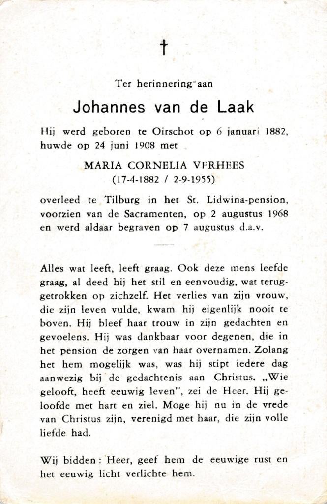 Laak Johannes 1882 Oirschot 1968 Tilburg, Verzamelen, Bidprentjes en Rouwkaarten, Ophalen of Verzenden, Bidprentje