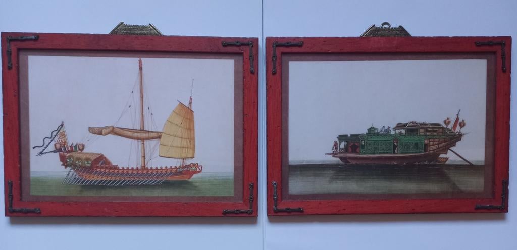 Antieke Chinese aquarellen op mergpapier, schepen, Antiek en Kunst, Kunst | Tekeningen en Foto's, Ophalen of Verzenden