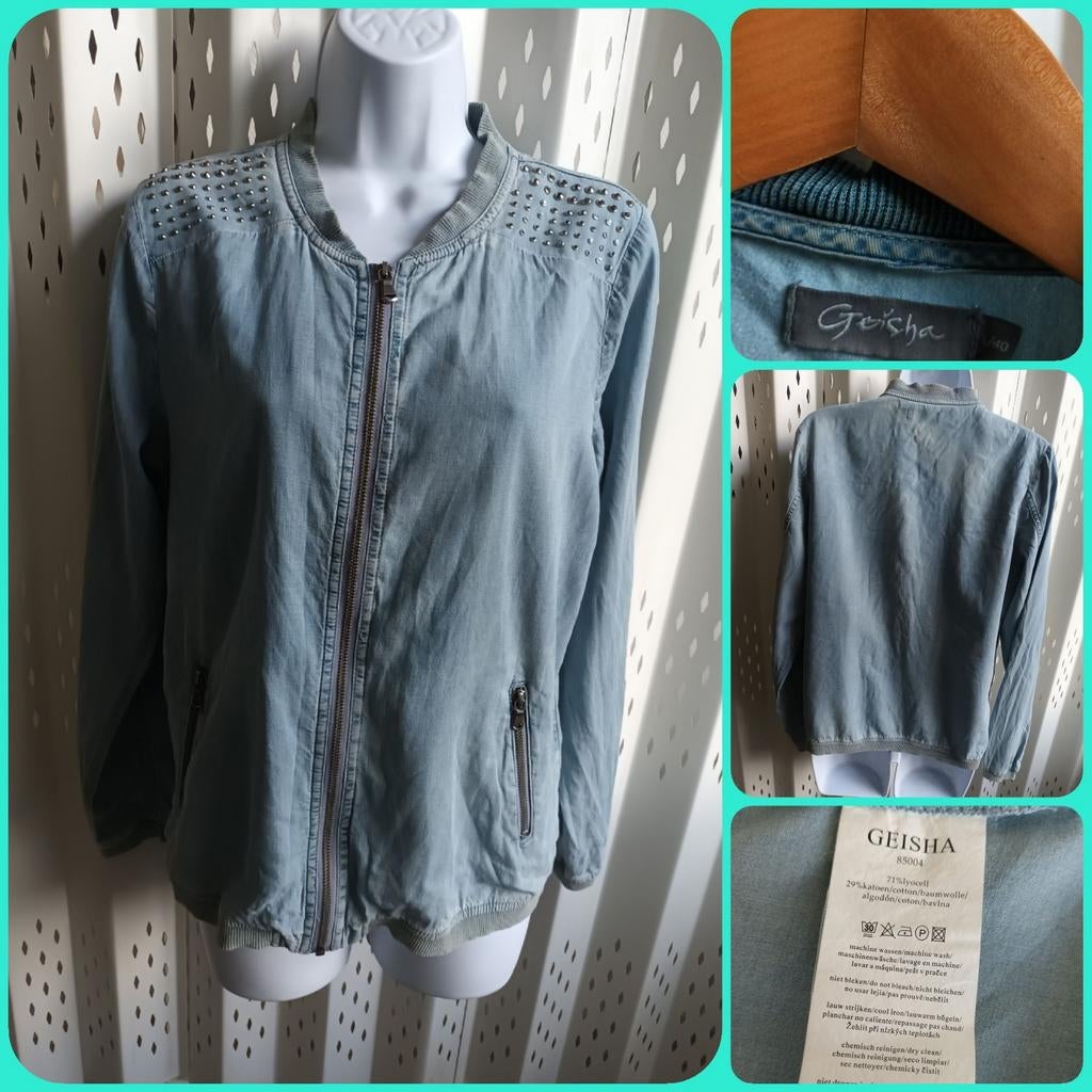 Geisha spijkerjasje bomber studs ritssluiting lyocell 40, Kleding | Dames, Maat 38/40 (M), Geisha, Blauw, Ophalen of Verzenden