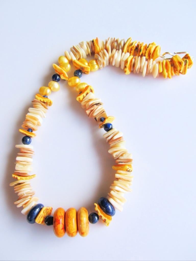 Ketting Annette lapis lazuli-howliet-parelmoer-parels zilver, Ophalen, Geel, Nieuw, Met edelsteen