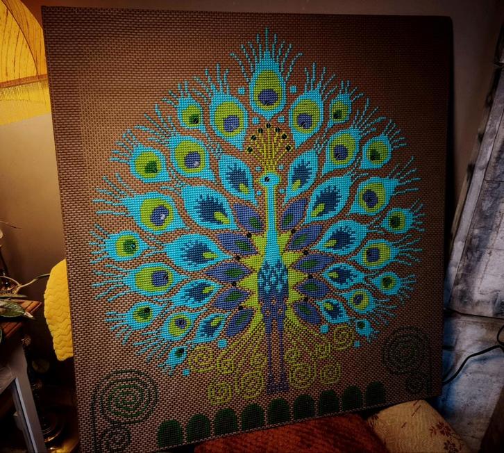 Groot vintage borduurwerk pauw– boho / folk / psychedelisch, Antiek en Kunst, Kunst | Schilderijen | Abstract, Ophalen