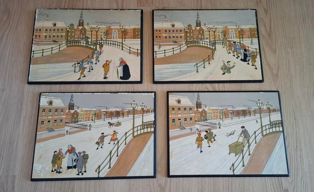 Oude schoolplaat wintertafereel in 4 delen, Antiek en Kunst, Antiek | Schoolplaten, Ophalen of Verzenden