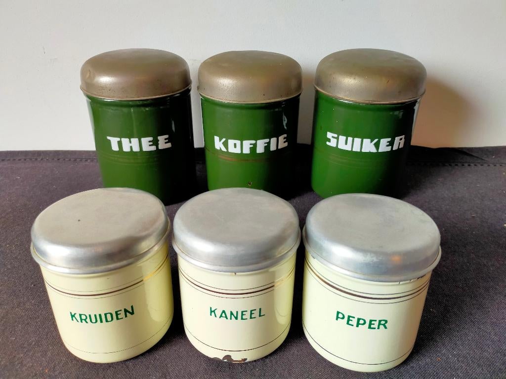 3 BROCANTE GROENE EMAILLE VOORRAADBUSSEN+3 KRUIDENPOTJES, Antiek en Kunst, Curiosa en Brocante, Ophalen of Verzenden