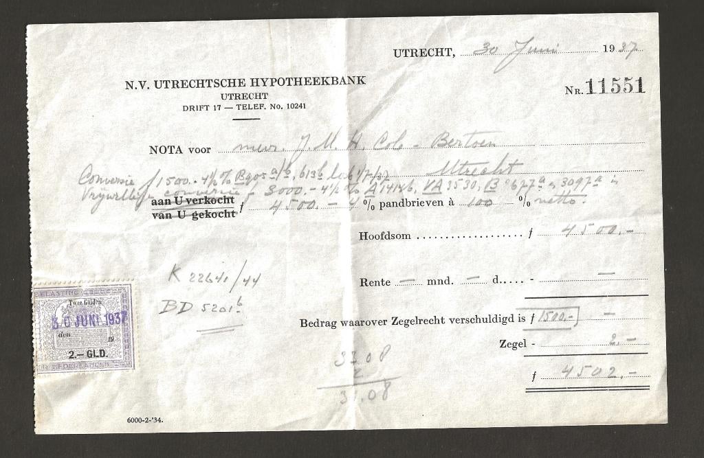 Nota Utrechtse hypotheekbank met belastingzegel, Postzegels en Munten, Brieven en Enveloppen | Nederland, Ophalen of Verzenden