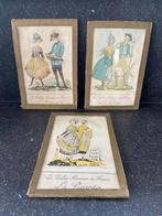 Antieke kleine Franse prentjes glas lijst mode klederdracht, Ophalen of Verzenden