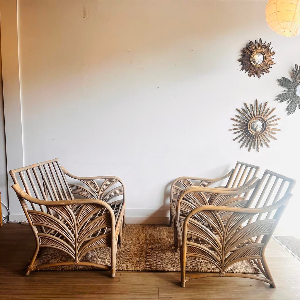 Rotan bamboe Palm leaf bank 2 fauteuils loungeset vintage, Ophalen, 75 tot 100 cm, Zo goed als nieuw, X