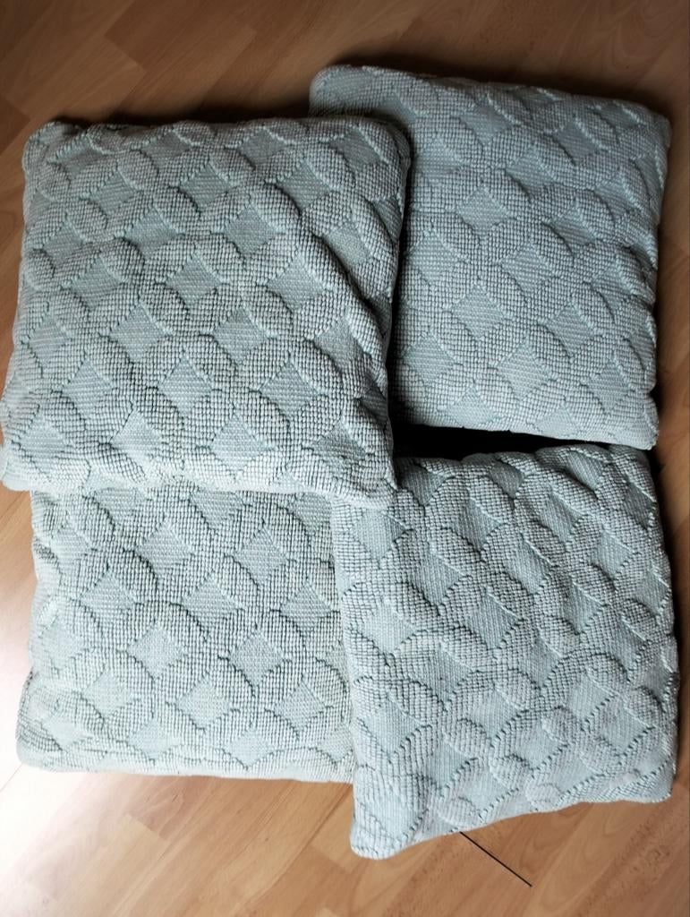 Set van 4 sierkussens - Lichtblauw aqua kleur, Huis en Inrichting, Woonaccessoires | Kussens, Zo goed als nieuw, Blauw, Vierkant