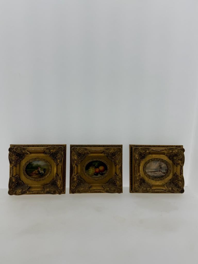 Vintage mini olieverf schilderijen in 24k lijsten – 3 stuks, Antiek en Kunst, Kunst | Schilderijen | Klassiek, Ophalen of Verzenden