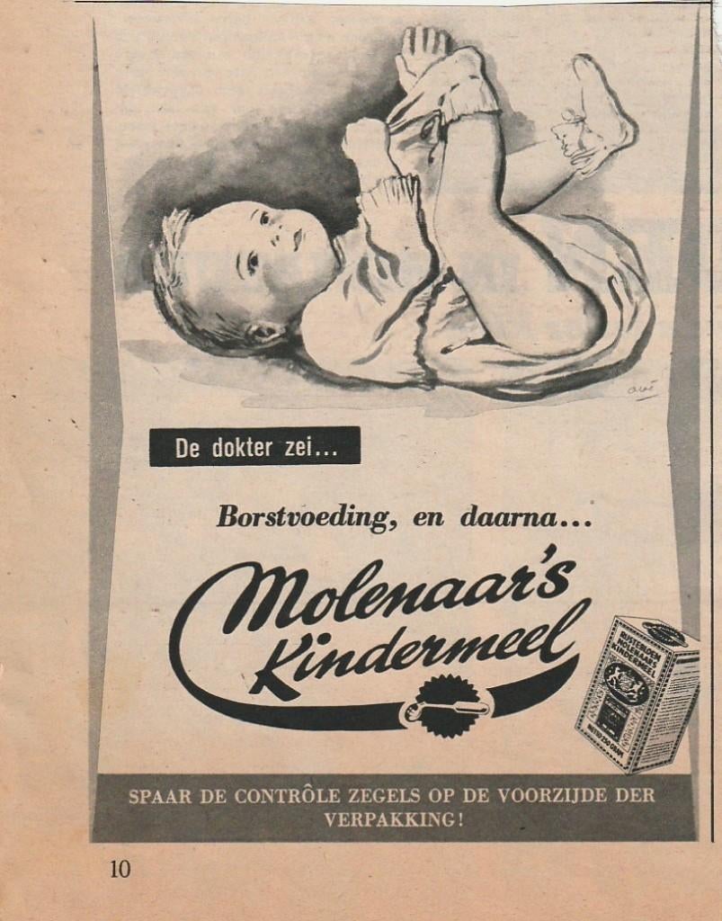 Retro reclame 1951 Molenaar's Kindermeel baby in luiers, Verzamelen, Retro, Verzenden, Overige typen