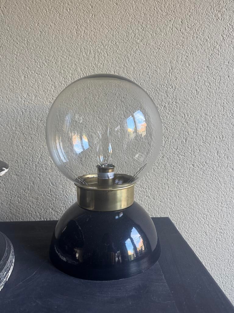 Tafel lamp , zwart met messing,  3 stuks, Ophalen, Gebruikt, Industrieel, hotelchique, landelijk, Glas