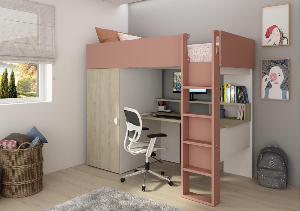 Flow hoogslaper met bureau en kast - 90x200 - Eiken/roze, Niet ingevuld, Niet ingevuld, Niet ingevuld