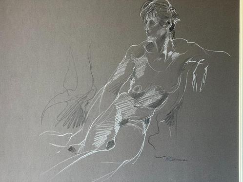 Hen Euverman - Poserend naakt - Krijttekening, Antiek en Kunst, Kunst | Schilderijen | Klassiek, Ophalen of Verzenden