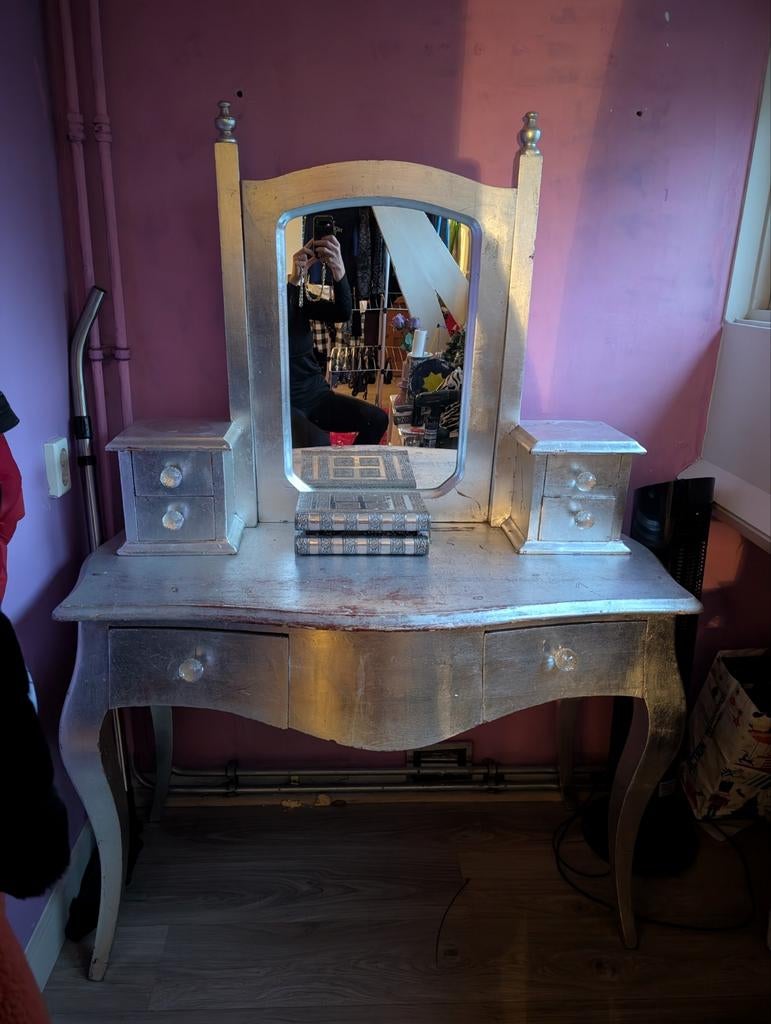 Vintage Barok Kaptafel met Spiegel zilver, Gebruikt, Barok, 100 tot 150 cm, Ophalen of Verzenden