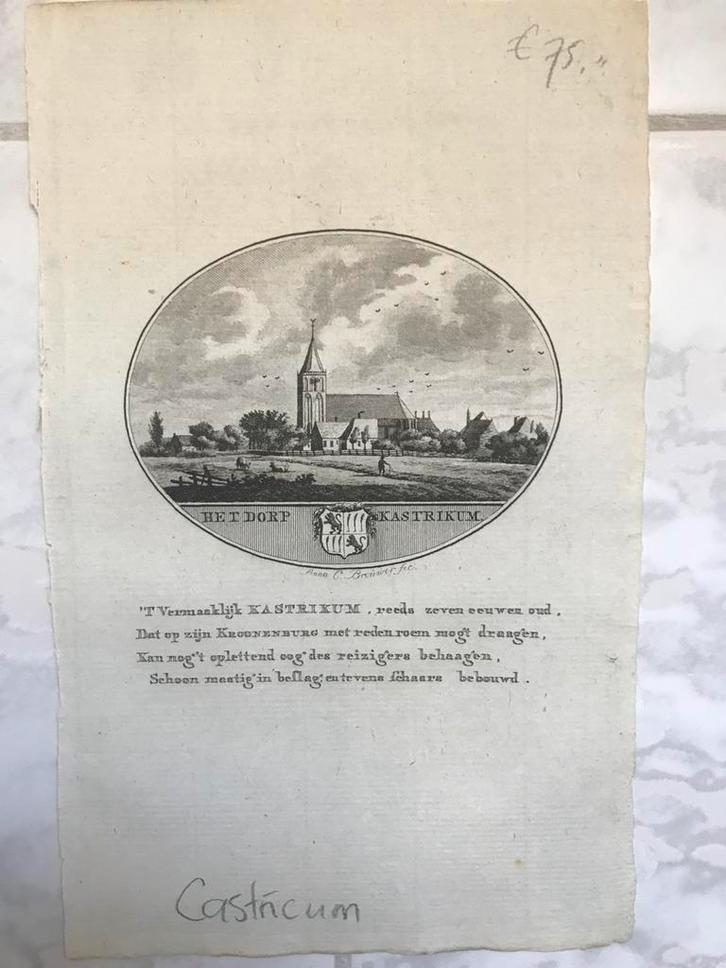 Het dorp Kastrikum, kopergravure uit 1793,  Anna C. Brouwer., Antiek en Kunst, Kunst | Etsen en Gravures, Ophalen of Verzenden