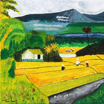 Handgeschilderd schilderij. Rijstvelden in Bali. 