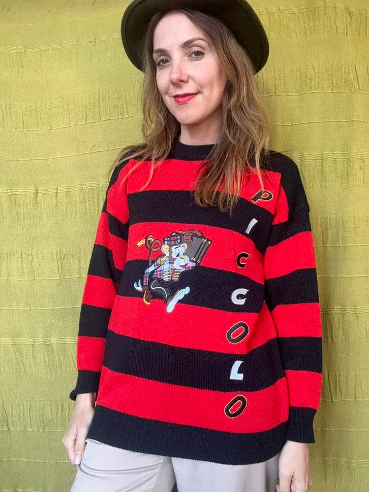 Vintage trui met aapje- rood zwart gestreept - 90s 38/M, Kleding | Dames, Truien en Vesten, Gedragen, Maat 38/40 (M), Rood, Ophalen of Verzenden