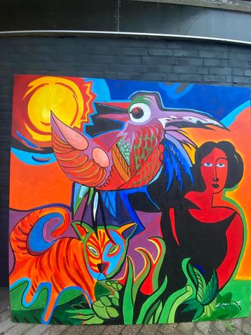 2 x Grote kleurrijke schilderijen 200cm x 200 cm beschikbaar voor biedingen