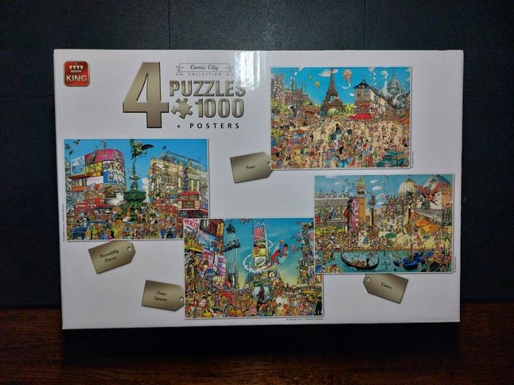 4 puzzels van 1000 stukjes in 1 doos, Hobby en Vrije tijd, Denksport en Puzzels, Zo goed als nieuw, 500 t/m 1500 stukjes, Ophalen of Verzenden