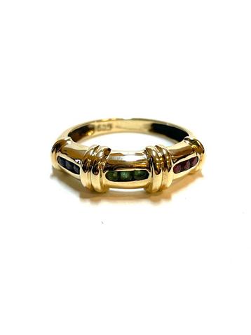 14k gouden ring met smaragd, saffier en robijn beschikbaar voor biedingen