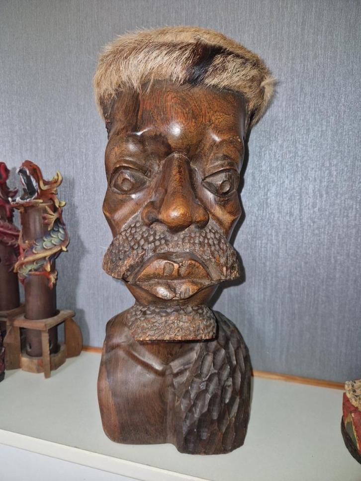 Groot Indonesisch houten snijwerk hoofd als trommel + Sint., Antiek en Kunst, Kunst | Beelden en Houtsnijwerken, Ophalen of Verzenden