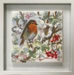 Handgemaakt mini schilderij Roodborstje in winterlandschap, Minder dan 50 cm, Oorspronkelijke maker, Nieuw, Ophalen of Verzenden