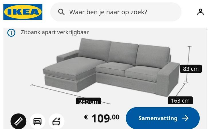 BEKLEDING Ikea Kivik grijs, Huis en Inrichting, Banken | Bankstellen, Gebruikt, 75 tot 100 cm, Ophalen of Verzenden