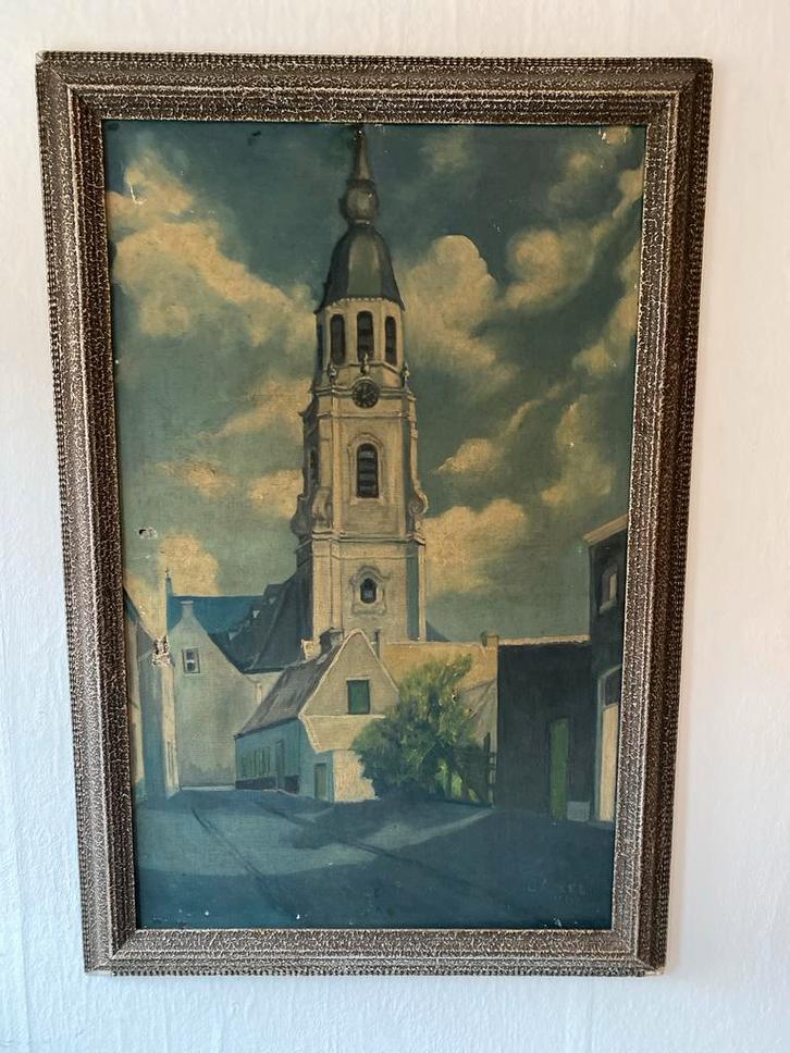 Jozef Mees -  st Piterskerk , Puurs, België 1942, Antiek en Kunst, Kunst | Schilderijen | Klassiek, Ophalen of Verzenden