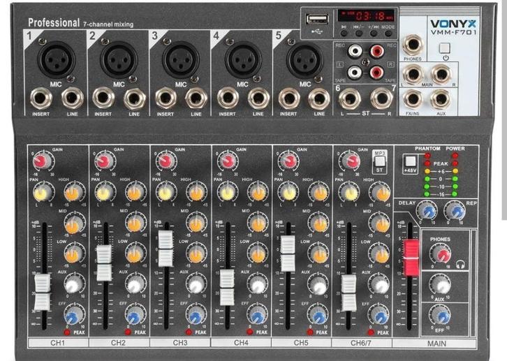 Vonyx VMM-F701 7-kanaals mengpaneel met MP3, Muziek en Instrumenten, Mengpanelen, Zo goed als nieuw, 5 tot 10 kanalen, Microfooningang