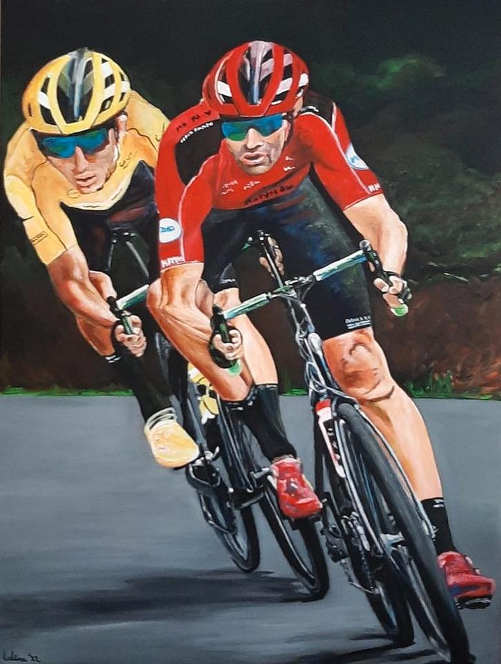 Wielrenners Vuelta  acrylverf op katoen 60x80 cm, Antiek en Kunst, Kunst | Schilderijen | Modern, Ophalen of Verzenden