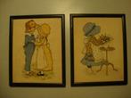 2x vintage borduurwerk Holly Hobbie in houten lijst, Ophalen of Verzenden, Overige typen