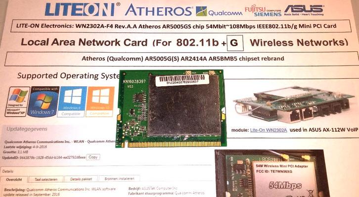 Lite-On WN2302A-F4 Atheros AR5005GS MiniPCI netwerkkaart, Computers en Software, Netwerkkaarten, Zo goed als nieuw, Intern, Ophalen of Verzenden