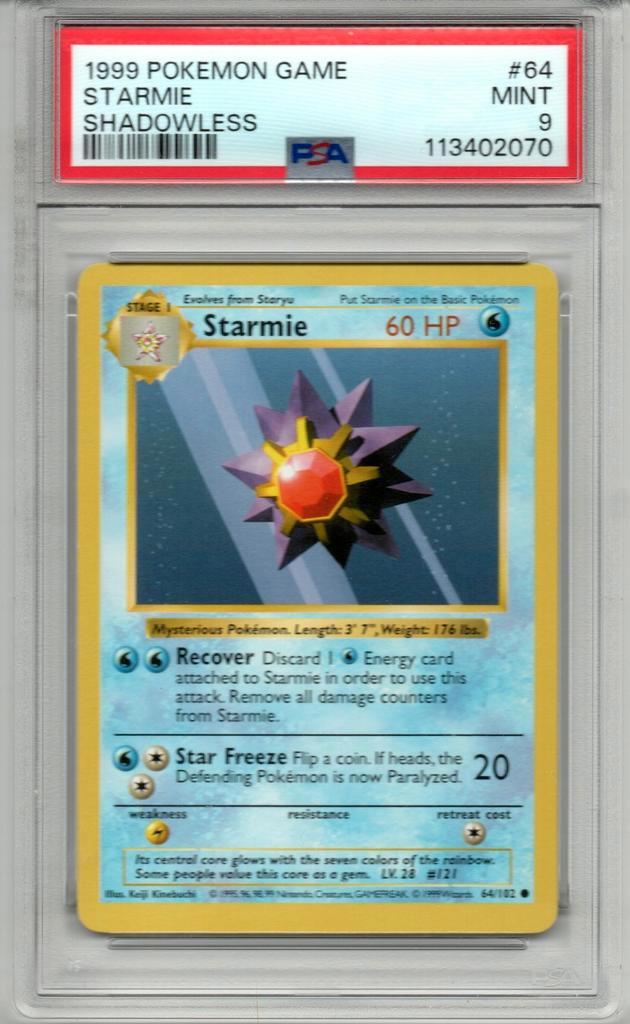 Starmie Shadowless Psa 9 Base set, Hobby en Vrije tijd, Verzamelkaartspellen | Pokémon, Zo goed als nieuw, Losse kaart, Ophalen of Verzenden