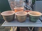 Keurige bloempotten 5 stuks aardewerk groen tinten buitenpot, 25 tot 40 cm, Rond, Zo goed als nieuw, Minder dan 40 cm