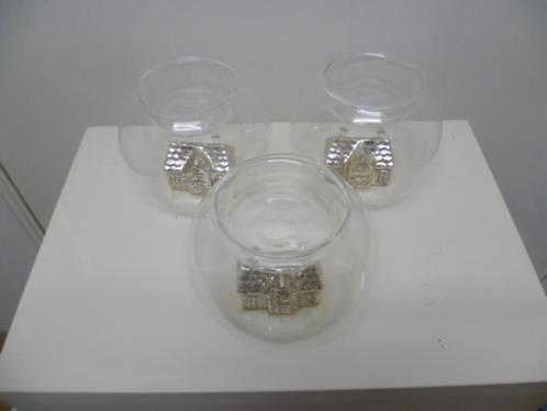 3x Riviera Maison waxinelicht houders glas met huisje groot, Huis en Inrichting, Woonaccessoires | Kandelaars en Kaarsen, Zo goed als nieuw