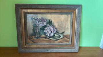 Vintage olieverf schilderij van azalea’s 1938 beschikbaar voor biedingen