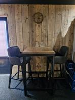 Bartafel Mango Hout + 2 Lederen Barkrukken, Huis en Inrichting, Barkrukken, Metaal, Met voetsteun, Ophalen of Verzenden, Zo goed als nieuw