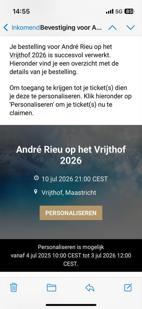 2 kaarten André Rieu A2 (10 juli 2026 Vrijthof Maastricht), Tickets en Kaartjes, Concerten | Overige, Twee personen, Juli
