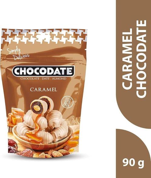 Chocodate Caramel Chocolade met Dadel en Amandel 90 g, Diversen, Levensmiddelen, Ophalen of Verzenden