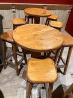 Massief houten bartafel met 4 krukken, Huis en Inrichting, Barkrukken, Ophalen, Gebruikt, Met voetsteun, 90 cm of meer