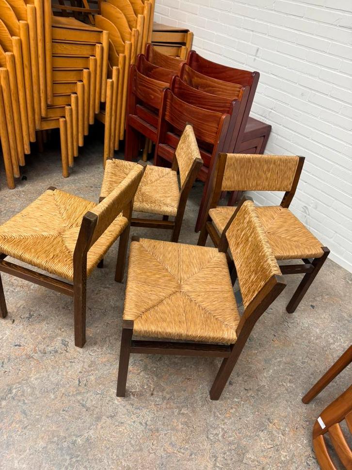 4x Martin Visser eetkamerstoel, ‘T Spectrum ‘60, Huis en Inrichting, Stoelen, Gebruikt, Vier, Hout, Riet of Rotan, Blauw, Ophalen of Verzenden