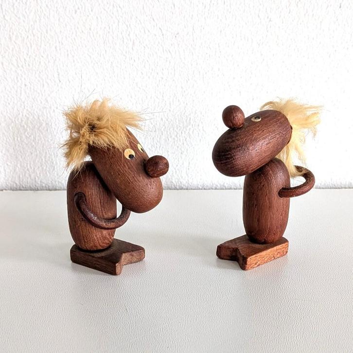 2 x vintage Deense Teak figuren: optimist en pessimist, Antiek en Kunst, Kunst | Beelden en Houtsnijwerken, Ophalen of Verzenden